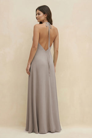 Frost Halter Sheath Long Chiffon Bridesmaid Dress (2) | KISSBRIDAL