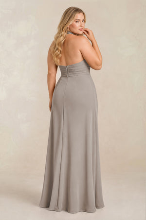 Frost High Neck Chiffon Sheath Ruched Bridesmaid Dress (2) [sizeplus] | KISSBRIDAL