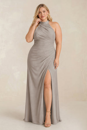 Frost High Neck Chiffon Sheath Ruched Bridesmaid Dress [sizeplus] | KISSBRIDAL