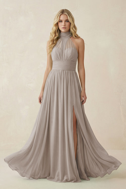 Frost Illusion Halter A-Line Chiffon Bridesmaid Gown | KISSBRIDAL