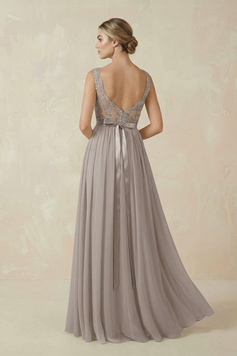 Lace A-Line Bateau Neck Chiffon Long Bridesmaid Dress in Frost