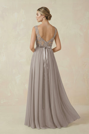 Frost Lace A-Line Bateau Neck Chiffon Long Bridesmaid Dress (2) | KISSBRIDAL