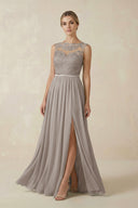 Frost Lace A-Line Bateau Neck Chiffon Long Bridesmaid Dress | KISSBRIDAL