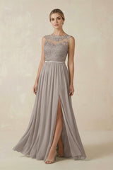 Frost Lace A-Line Bateau Neck Chiffon Long Bridesmaid Dress | KISSBRIDAL