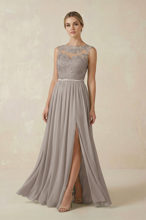 Frost Lace A-Line Bateau Neck Chiffon Long Bridesmaid Dress | KISSBRIDAL