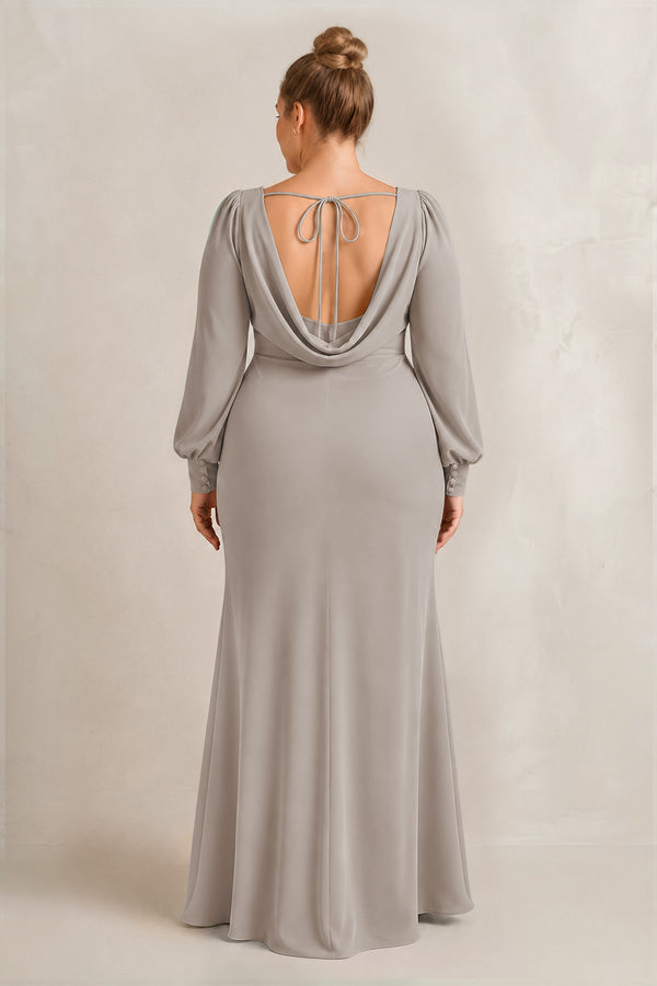 Frost Long Sleeve V-Neck Sheath Chiffon Bridesmaid Dress (2) [sizeplus] | KISSBRIDAL
