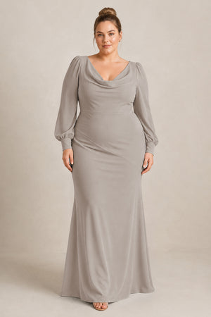 Frost Long Sleeve V-Neck Sheath Chiffon Bridesmaid Dress [sizeplus] | KISSBRIDAL