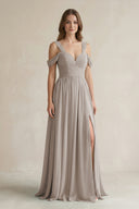 Frost Off-the-Shoulder A-Line Chiffon Bridesmaid Dress With Slit | KISSBRIDAL