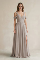 Frost Off-the-Shoulder A-Line Chiffon Bridesmaid Dress With Slit | KISSBRIDAL