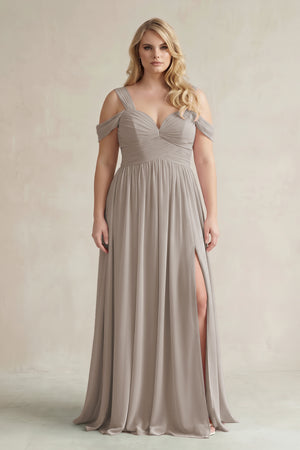 Frost Off-the-Shoulder A-Line Chiffon Bridesmaid Dress With Slit [sizeplus] | KISSBRIDAL