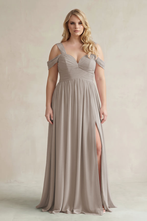 Frost Off-the-Shoulder A-Line Chiffon Bridesmaid Dress With Slit [sizeplus] | KISSBRIDAL
