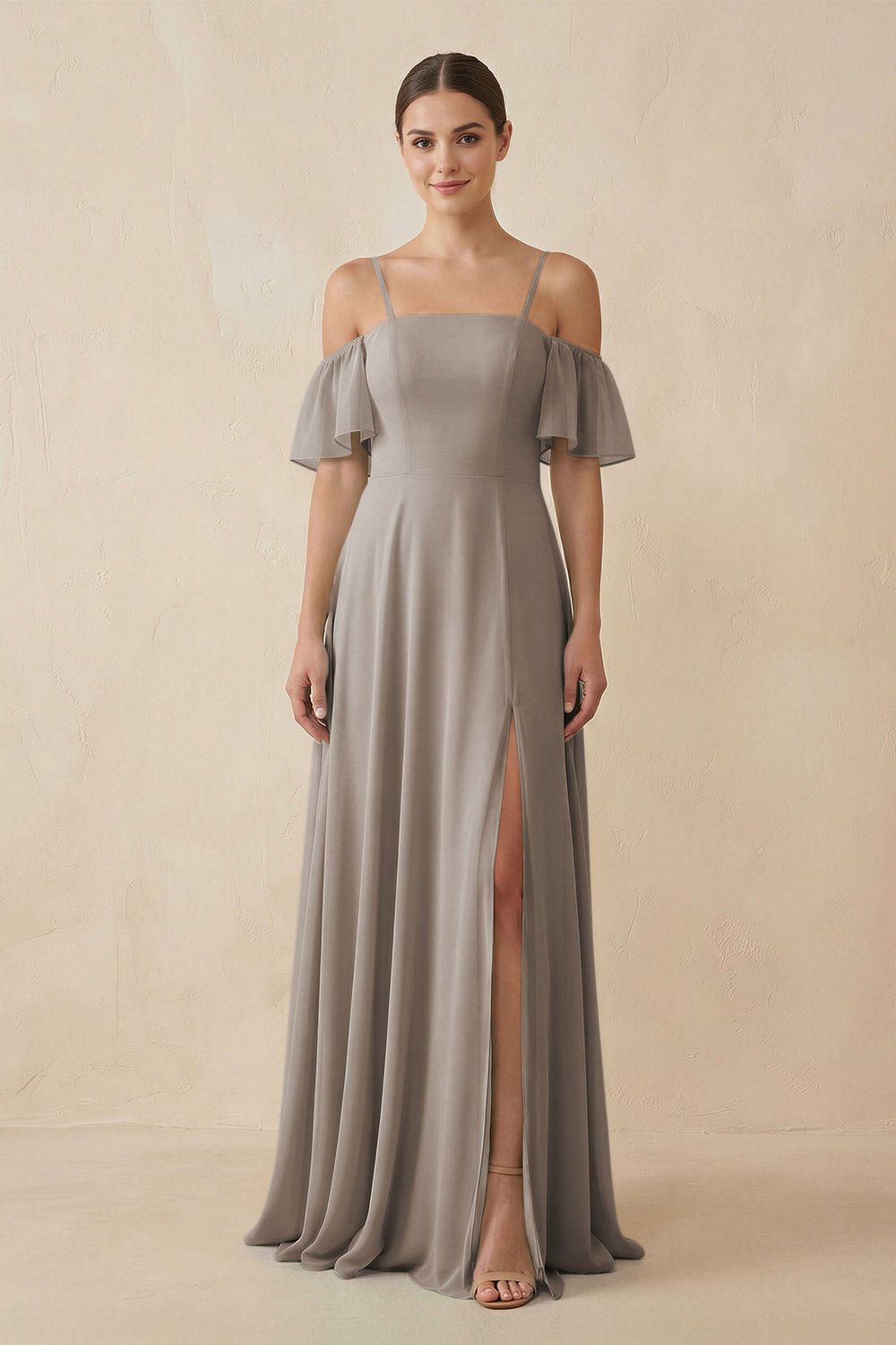 Off-the-Shoulder A-Line Chiffon Bridesmaid Dress in Frost