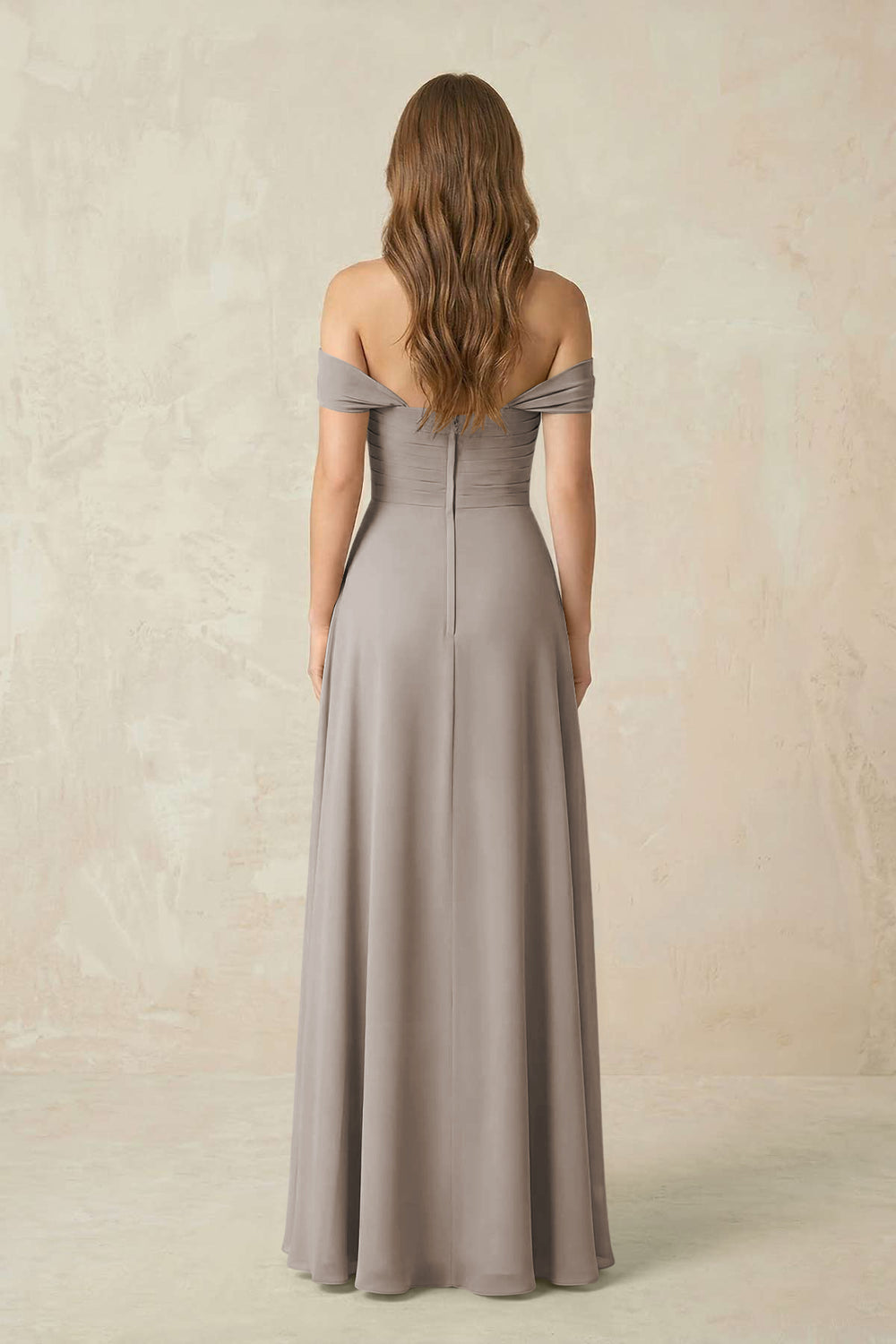 Off-the-Shoulder A-Line Chiffon Pleated Bridesmaid Dress in Frost