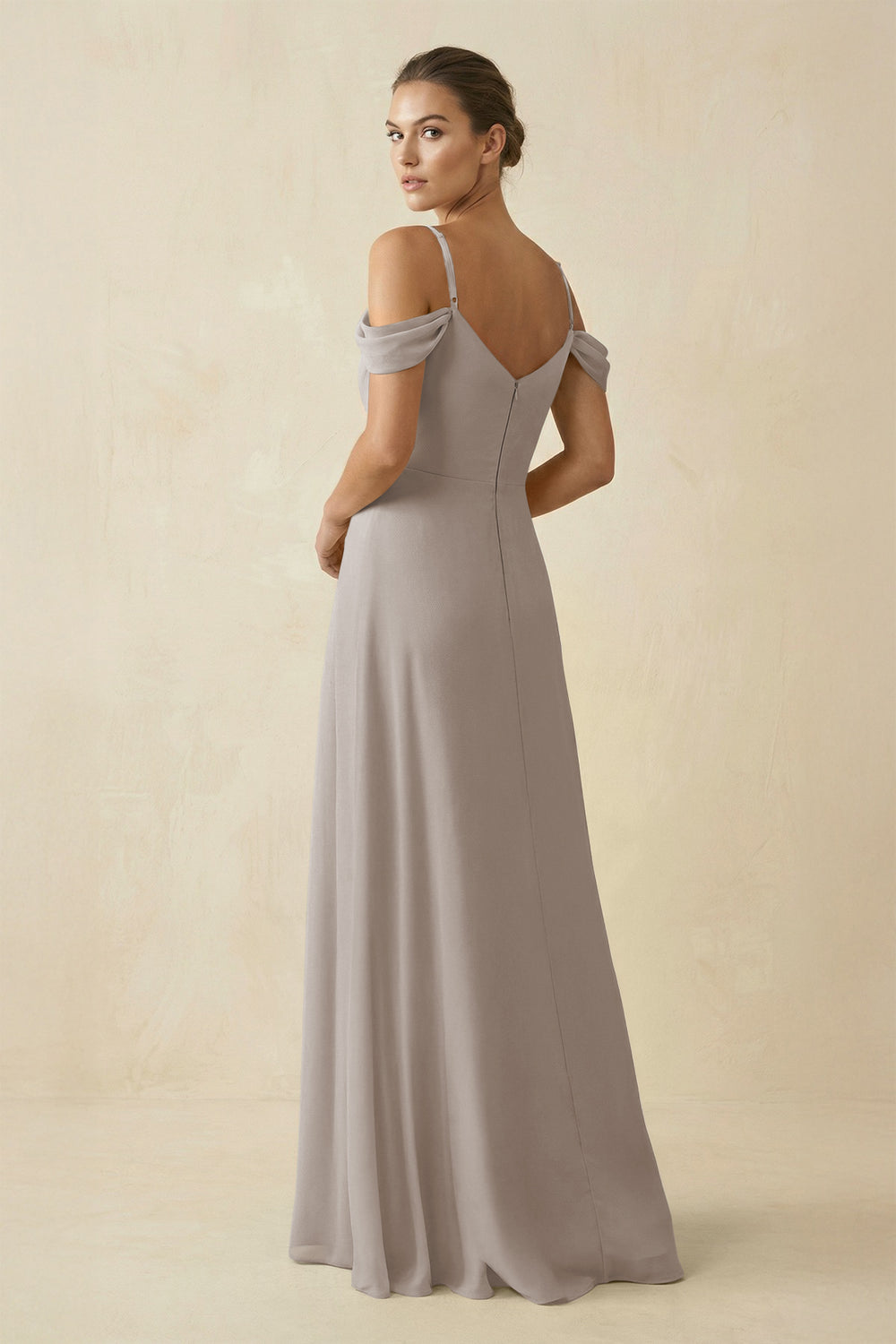 Off-the-Shoulder A-Line Pleated Chiffon Bridesmaid Gown in Frost