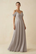 Frost Off-the-Shoulder A-Line Pleated Chiffon Bridesmaid Gown | KISSBRIDAL