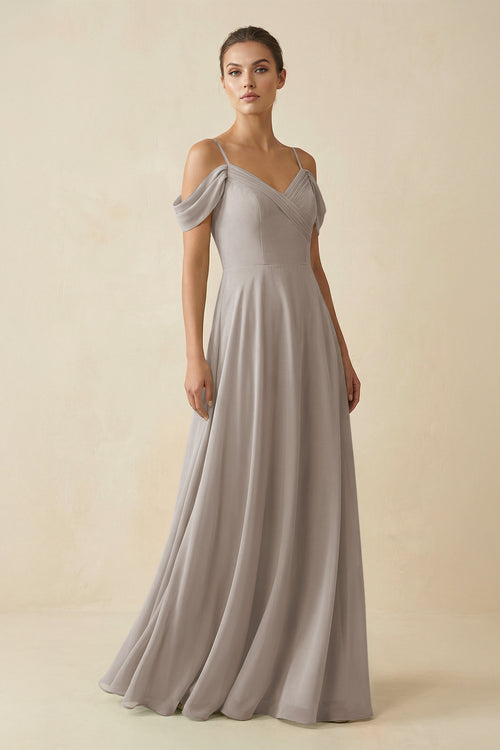 Frost Off-the-Shoulder A-Line Pleated Chiffon Bridesmaid Gown | KISSBRIDAL
