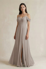 Frost Off-the-Shoulder Chiffon A-Line Bridesmaid Dress | KISSBRIDAL