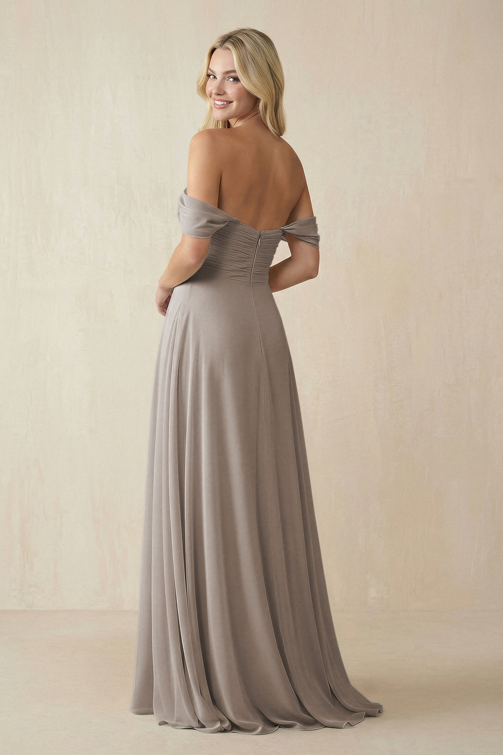 Off-the-Shoulder Chiffon A-Line Long Bridesmaid Dress in Frost