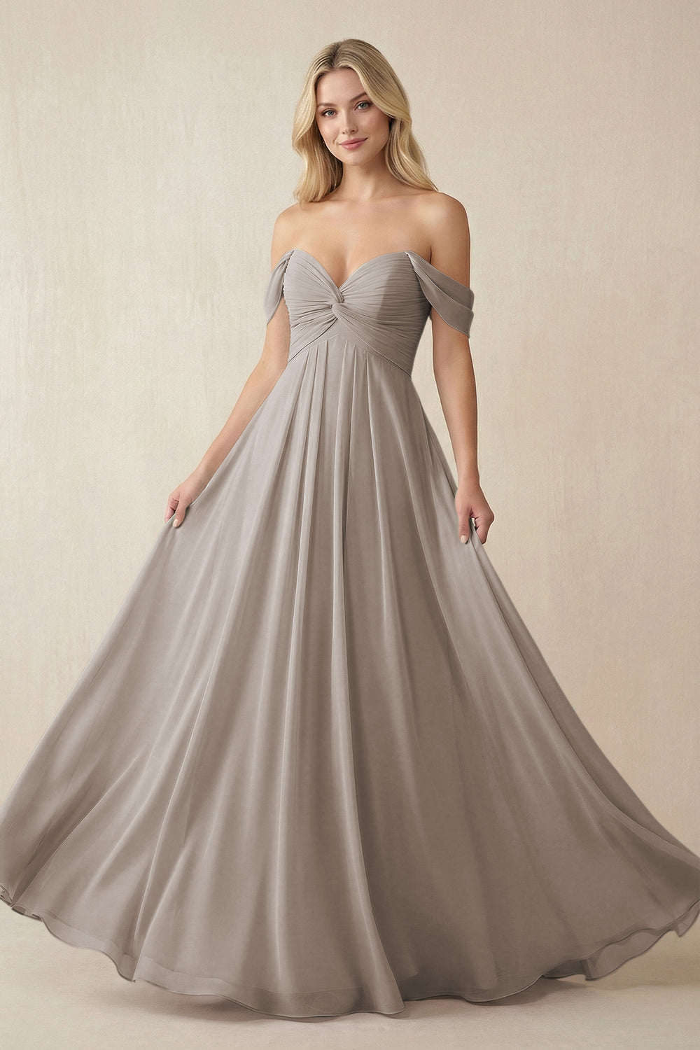 Off-the-Shoulder Chiffon A-Line Long Bridesmaid Dress in Frost