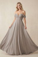 Frost Off-the-Shoulder Chiffon A-Line Long Bridesmaid Dress | KISSBRIDAL