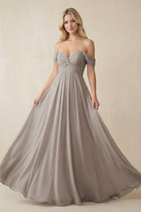 Frost Off-the-Shoulder Chiffon A-Line Long Bridesmaid Dress | KISSBRIDAL
