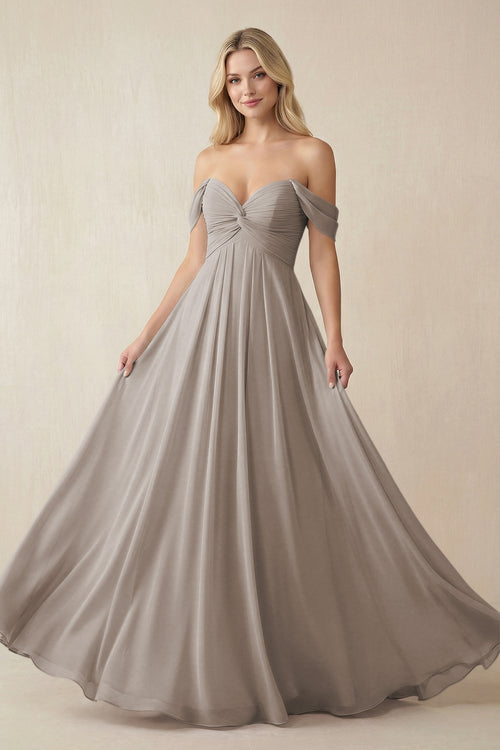 Frost Off-the-Shoulder Chiffon A-Line Long Bridesmaid Dress | KISSBRIDAL