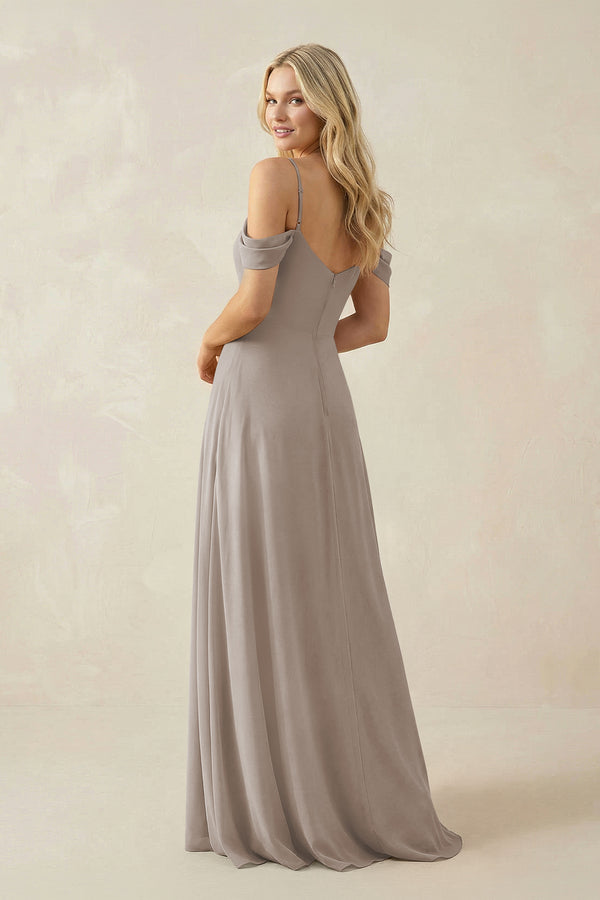 Frost Off-the-Shoulder Chiffon A-Line Maxi Bridesmaid Dress (2) | KISSBRIDAL