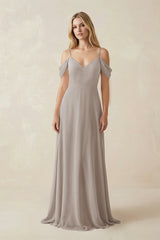 Frost Off-the-Shoulder Chiffon A-Line Maxi Bridesmaid Dress | KISSBRIDAL