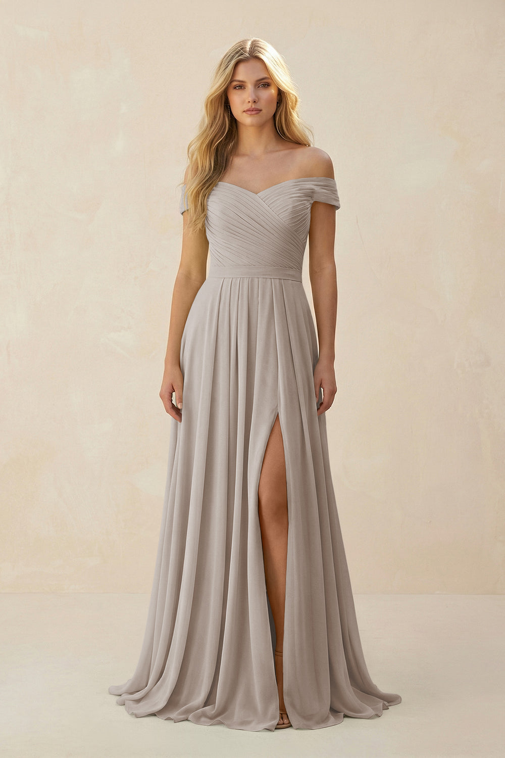 Off-the-Shoulder Pleated A-Line Chiffon Bridesmaid Dress in Frost