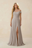 Frost Off-the-Shoulder Pleated A-Line Chiffon Bridesmaid Dress | KISSBRIDAL