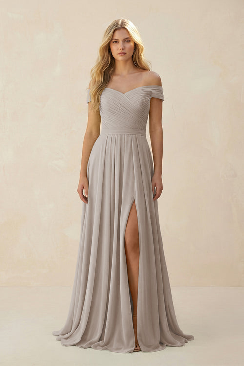 Frost Off-the-Shoulder Pleated A-Line Chiffon Bridesmaid Dress | KISSBRIDAL