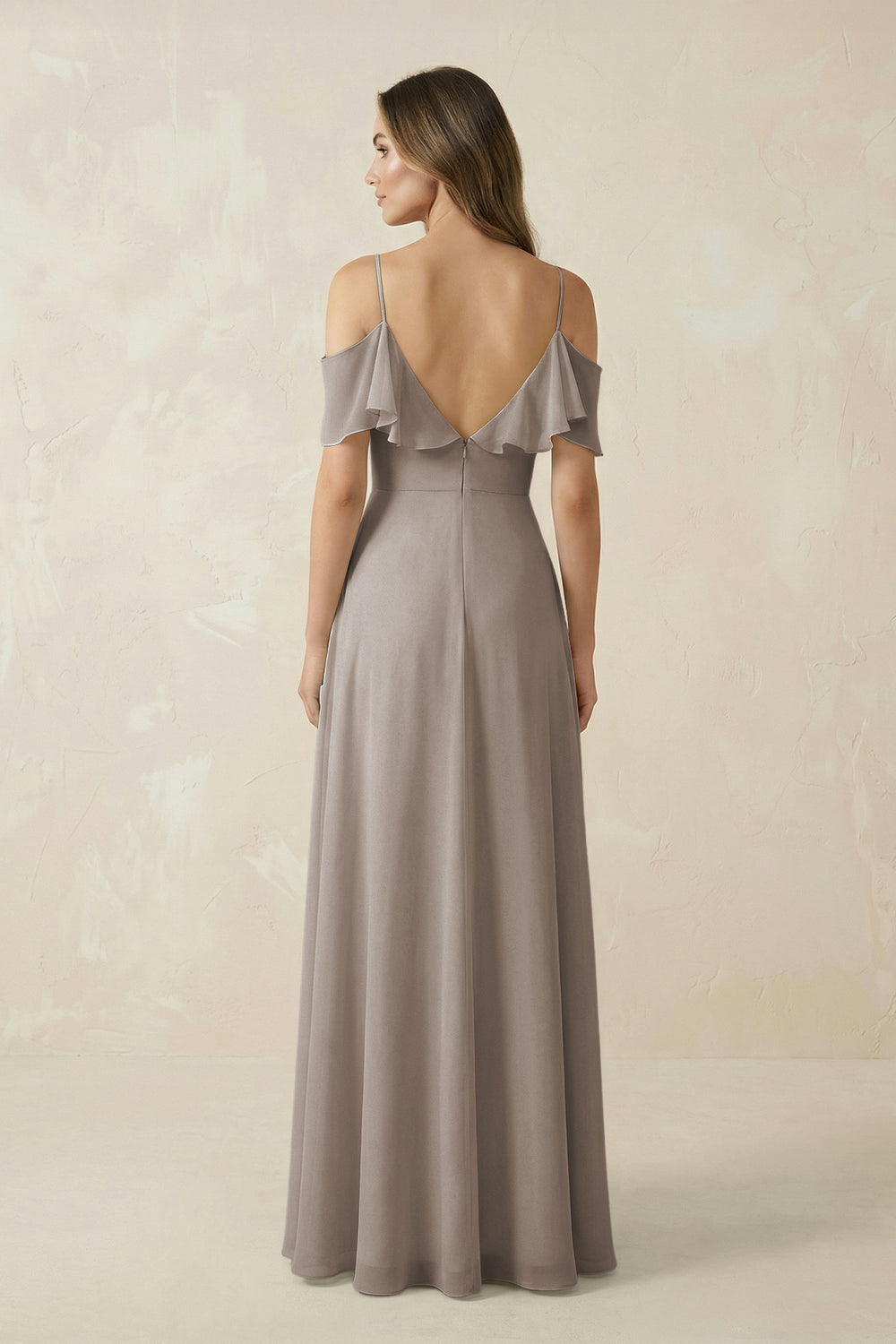 Off-the-Shoulder Ruffled A-Line Chiffon Bridesmaid Dress in Frost