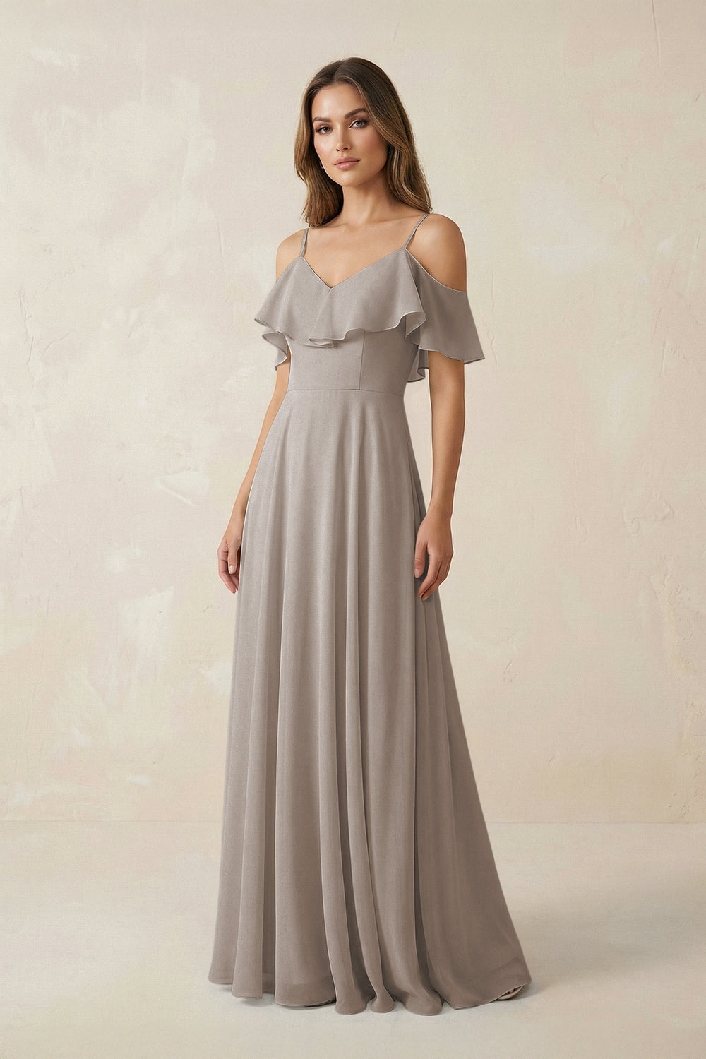 Off-the-Shoulder Ruffled A-Line Chiffon Bridesmaid Dress in Frost