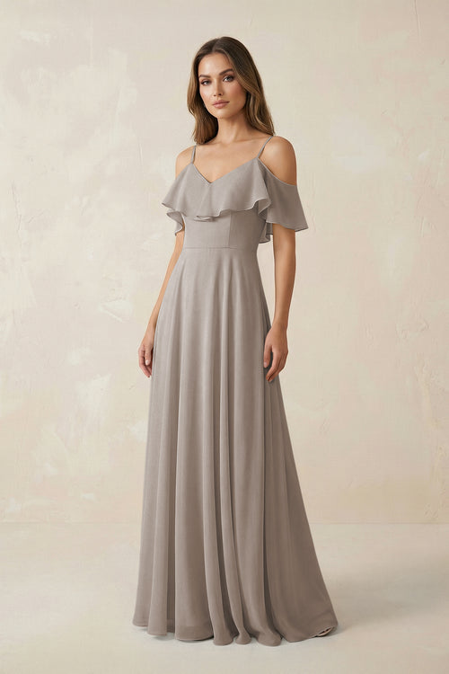 Frost Off-the-Shoulder Ruffled A-Line Chiffon Bridesmaid Dress | KISSBRIDAL