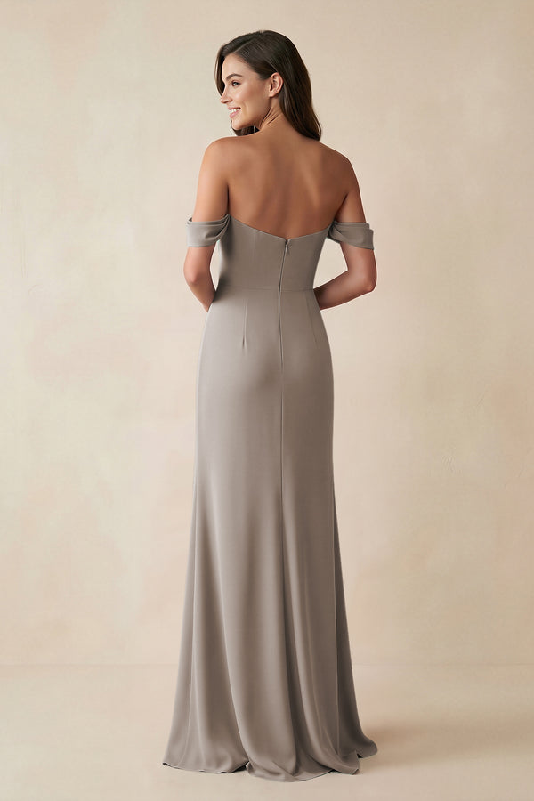 Frost Off-the-Shoulder Sheath Bridesmaid Dress with Slit (2) | KISSBRIDAL