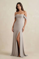 Frost Off-the-Shoulder Sheath Bridesmaid Dress with Slit | KISSBRIDAL