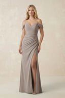 Frost Off-the-Shoulder Sheath Chiffon Ruched Bridesmaid Dress | KISSBRIDAL