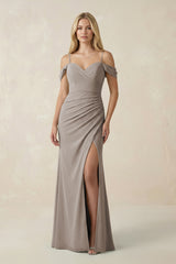 Frost Off-the-Shoulder Sheath Chiffon Ruched Bridesmaid Dress | KISSBRIDAL