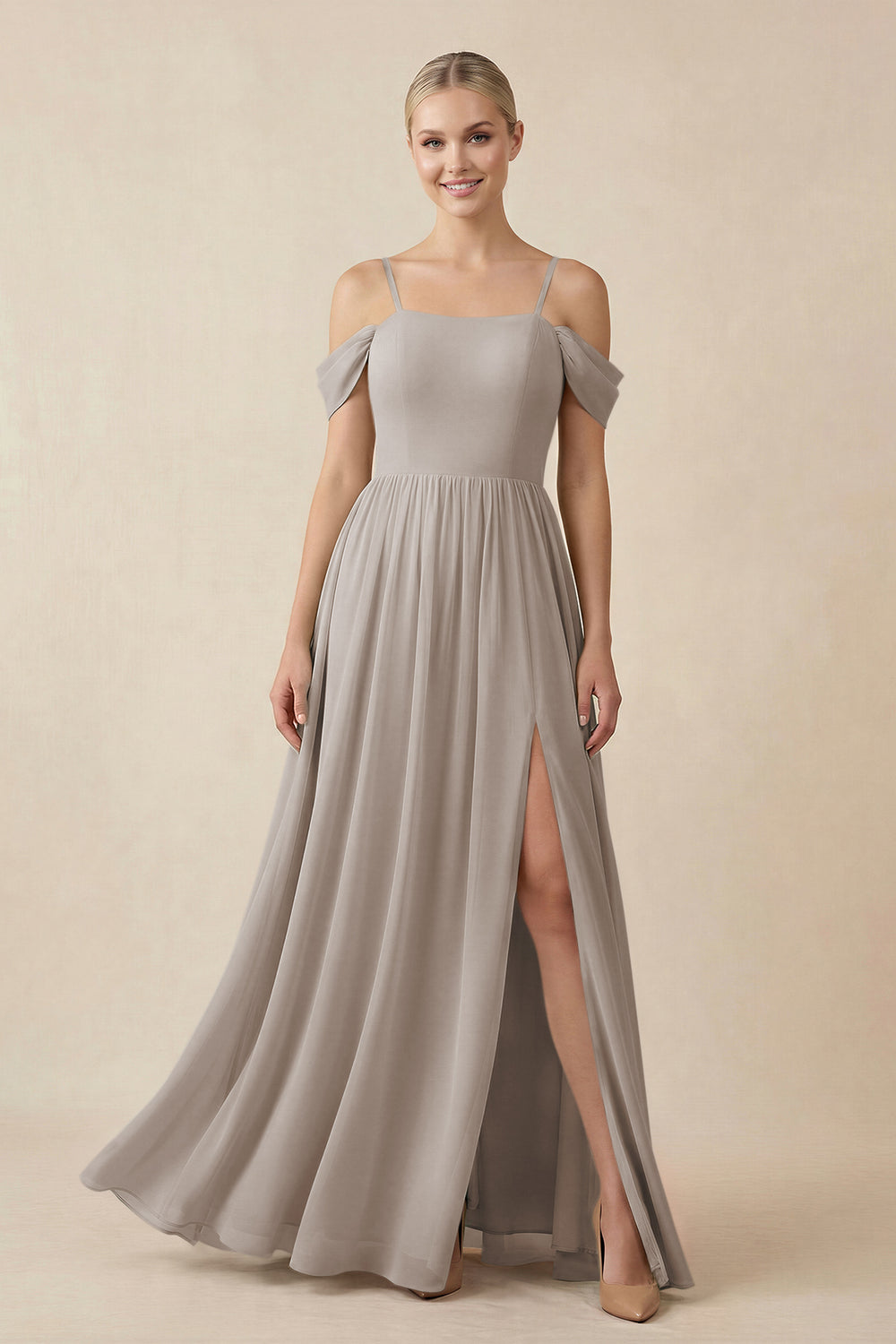 Off-the-Shoulder Sweetheart A-Line Chiffon Bridesmaid Dress in Frost