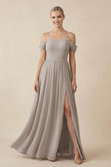 Frost Off-the-Shoulder Sweetheart A-Line Chiffon Bridesmaid Dress | KISSBRIDAL
