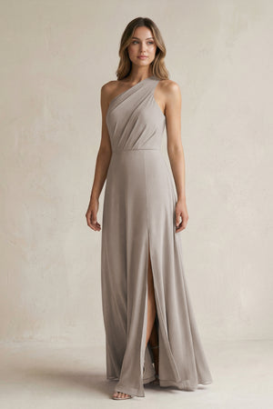 Frost One-Shoulder Chiffon A-Line Bridesmaid Dress With Slit | KISSBRIDAL