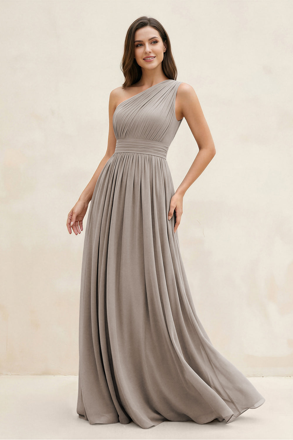 One-Shoulder Pleated A-Line Chiffon Bridesmaid Dress in Frost