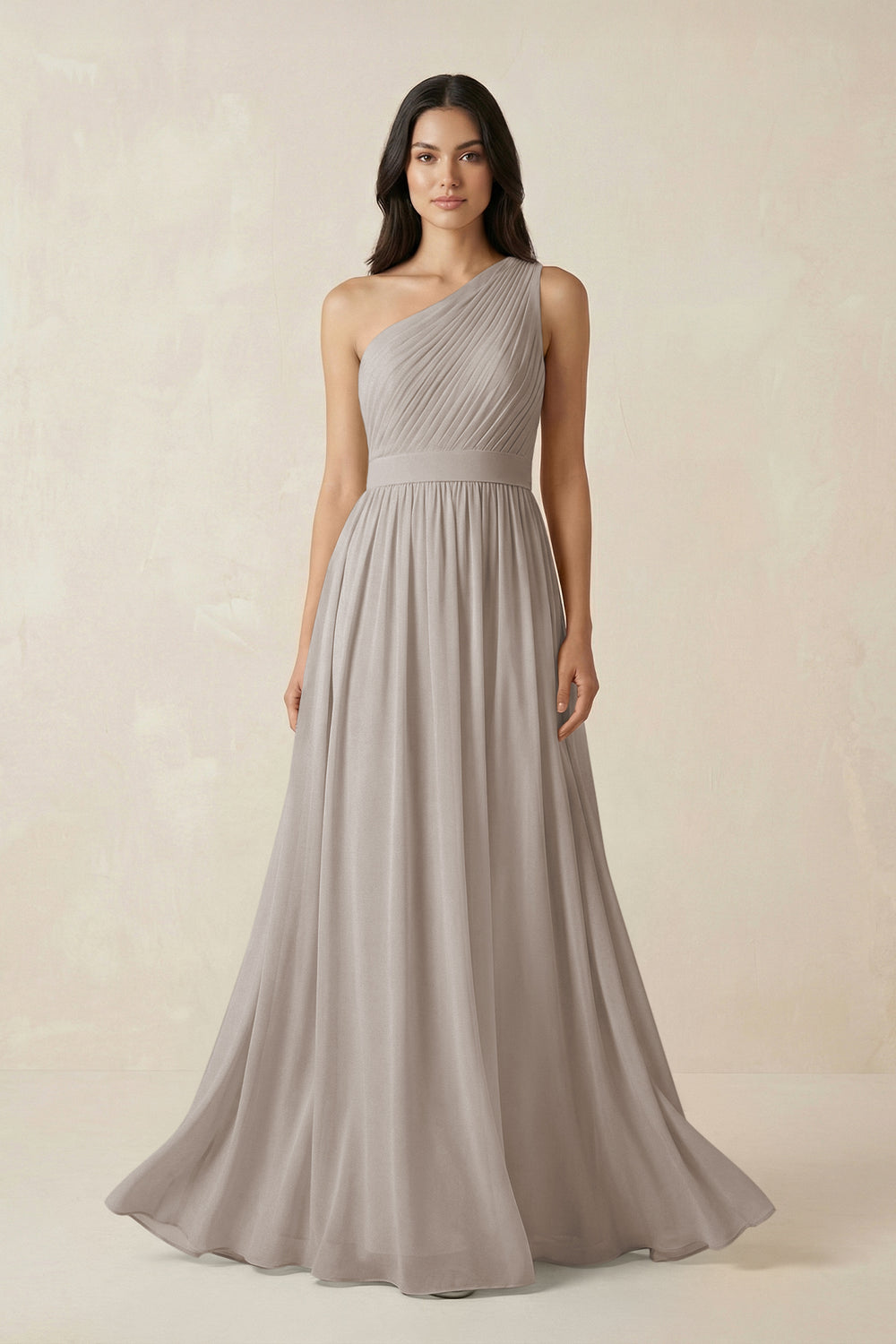 One-Shoulder Pleated Chiffon Bridesmaid Gown in Frost