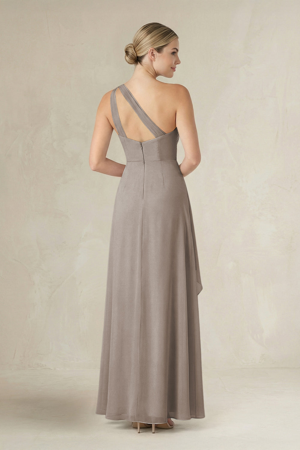 One-Shoulder Sheath Ruched Ruffled Bridesmaid Dress in Frost