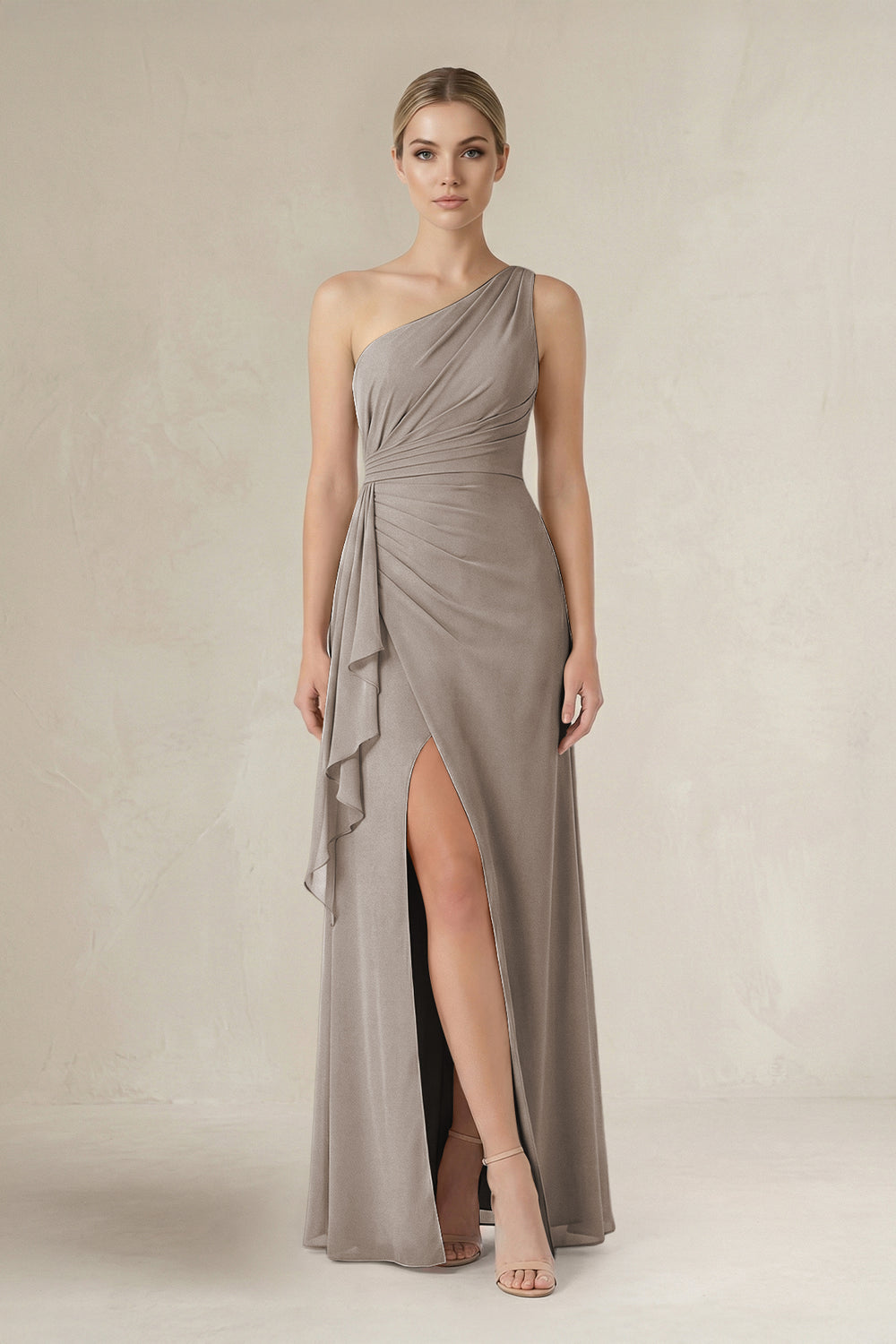 One-Shoulder Sheath Ruched Ruffled Bridesmaid Dress in Frost