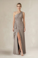 Frost One-Shoulder Sheath Ruched Ruffled Bridesmaid Dress in Frost | KISSBRIDAL