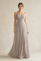 Frost Pleated A-Line Long Chiffon Bridesmaid Dress | KISSBRIDAL