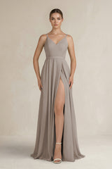 Frost Ruched A-Line Chiffon Bridesmaid Dress with Slit | KISSBRIDAL