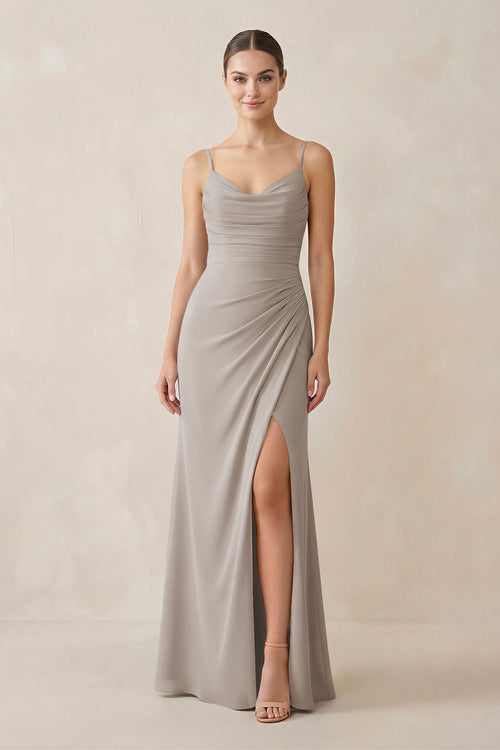 Frost Ruched Sheath Spaghetti Strap Chiffon Bridesmaid Dress | KISSBRIDAL