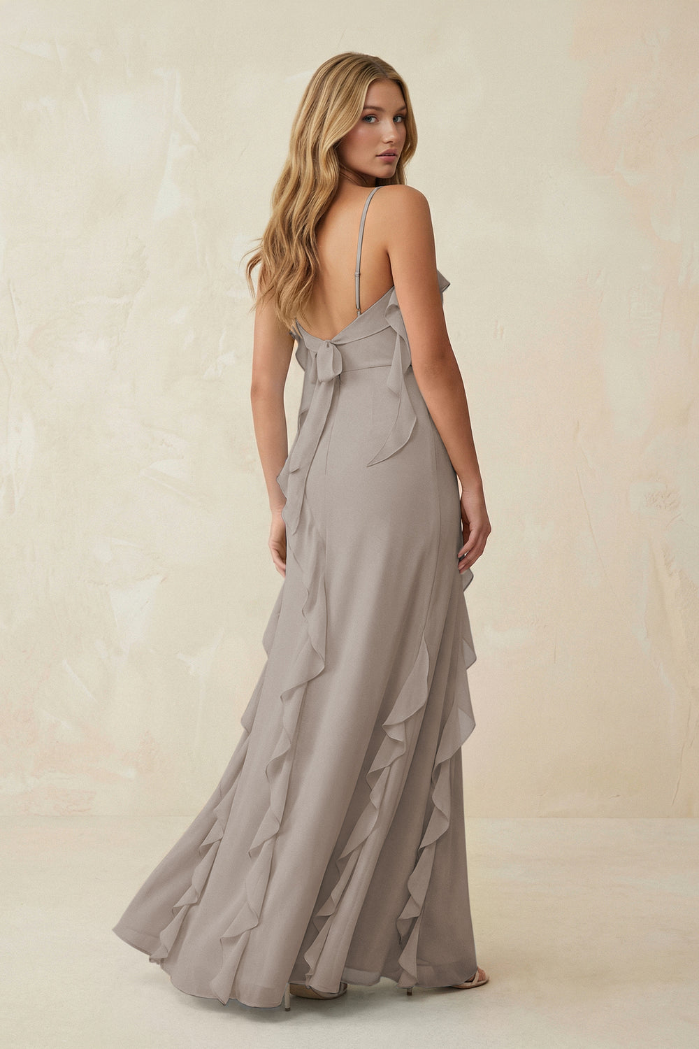 Ruffled Cami Strap Chiffon Sheath Bridesmaid Dress in Frost